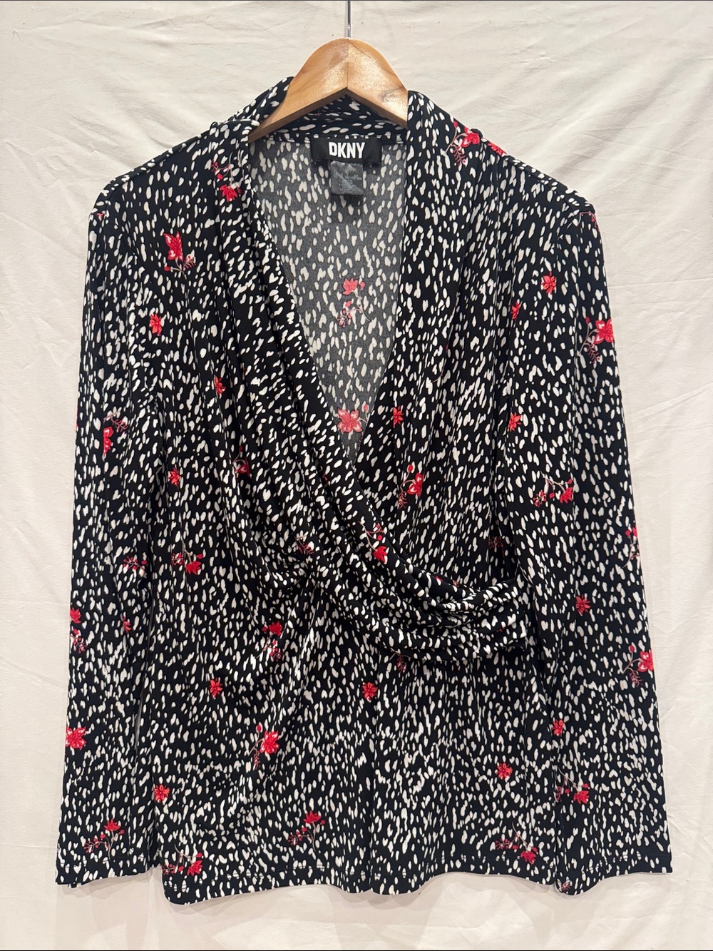 DKNY Black Wrap Blouse with White Speckle and Red Floral Print, XL